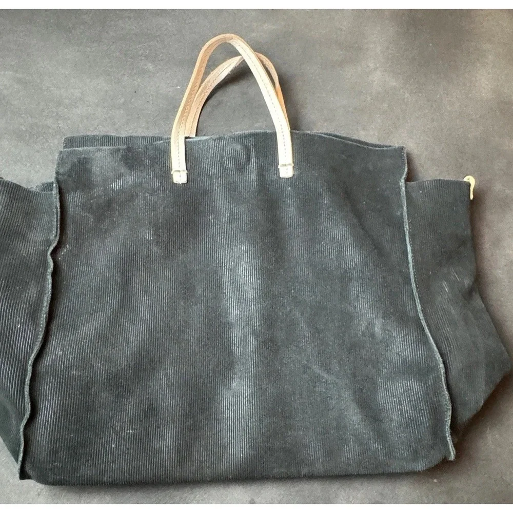 Clare V. Corduroy Tote Bag Large Black Cotton Leather Handle Plaid Lining Travel